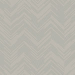 The Taupe & Silver Polished Chevron Wallpaper by York Wallcoverings features a zigzag design with thin blue lines, creating a geometric elegance on a light beige background.