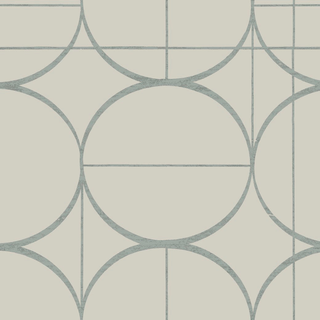 The Taupe & Silver Sun Circles Wallpaper by York Wallcoverings showcases a geometric pattern with overlapping circles and lines in light greenish-gray, featuring a metallic finish. The design is symmetrical on a pale background, reminiscent of Art Deco wallpaper from the Modern Metals Collection.