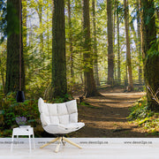 A cozy white armchair and a small side table placed in a serene forest with The Forest Path Wallpaper Mural winding through tall trees, sunlight filtering through the vibrant greenery above.