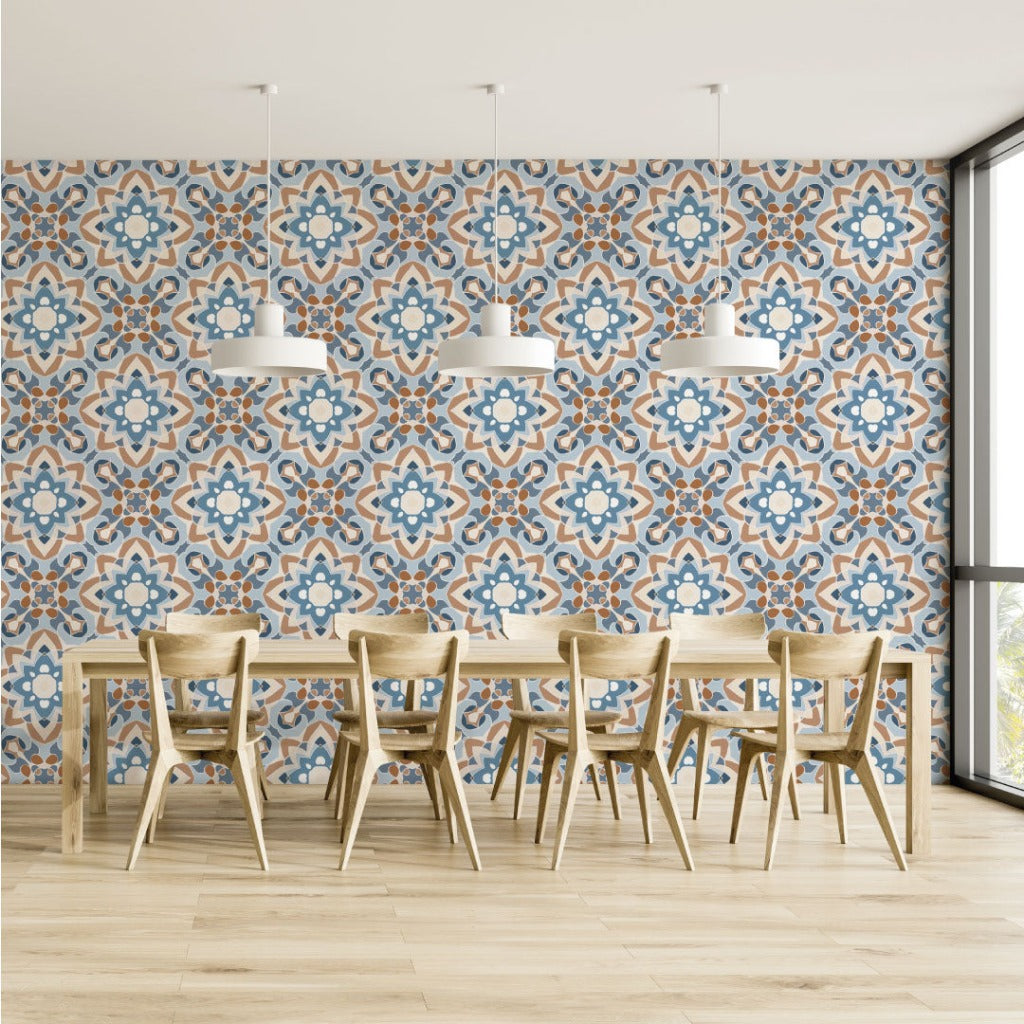 Dining Room - Modern dining room featuring a wooden table with chairs, Decor2Go Wallpaper Mural Moroccan-style tile wall, three hanging lamps, and large windows with a city view. Light wooden flooring complements the bright interior.
