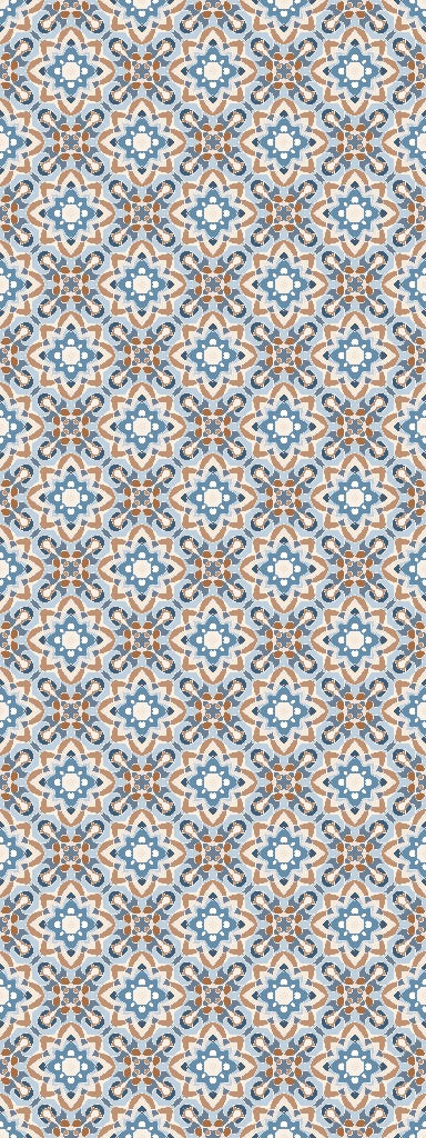 A seamless, repeating pattern featuring interlocking blue and orange shapes set against a light background. The design, reminiscent of Moroccan-style tiles, creates an intricate, symmetrical motif with a geometric feel perfect for Tile Wallpaper II Wallpaper Mural by Decor2Go Wallpaper Mural and custom sizing options.