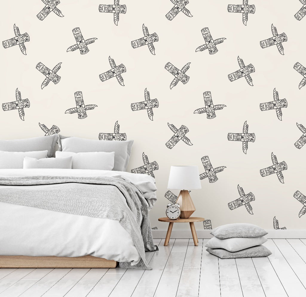 Bedroom - A minimalist bedroom with a white bed covered in gray bedding, next to a wooden bedside table featuring a white lamp and a clock, set against a wall with Decor2Go Wallpaper Mural inspired by Canadian culture.