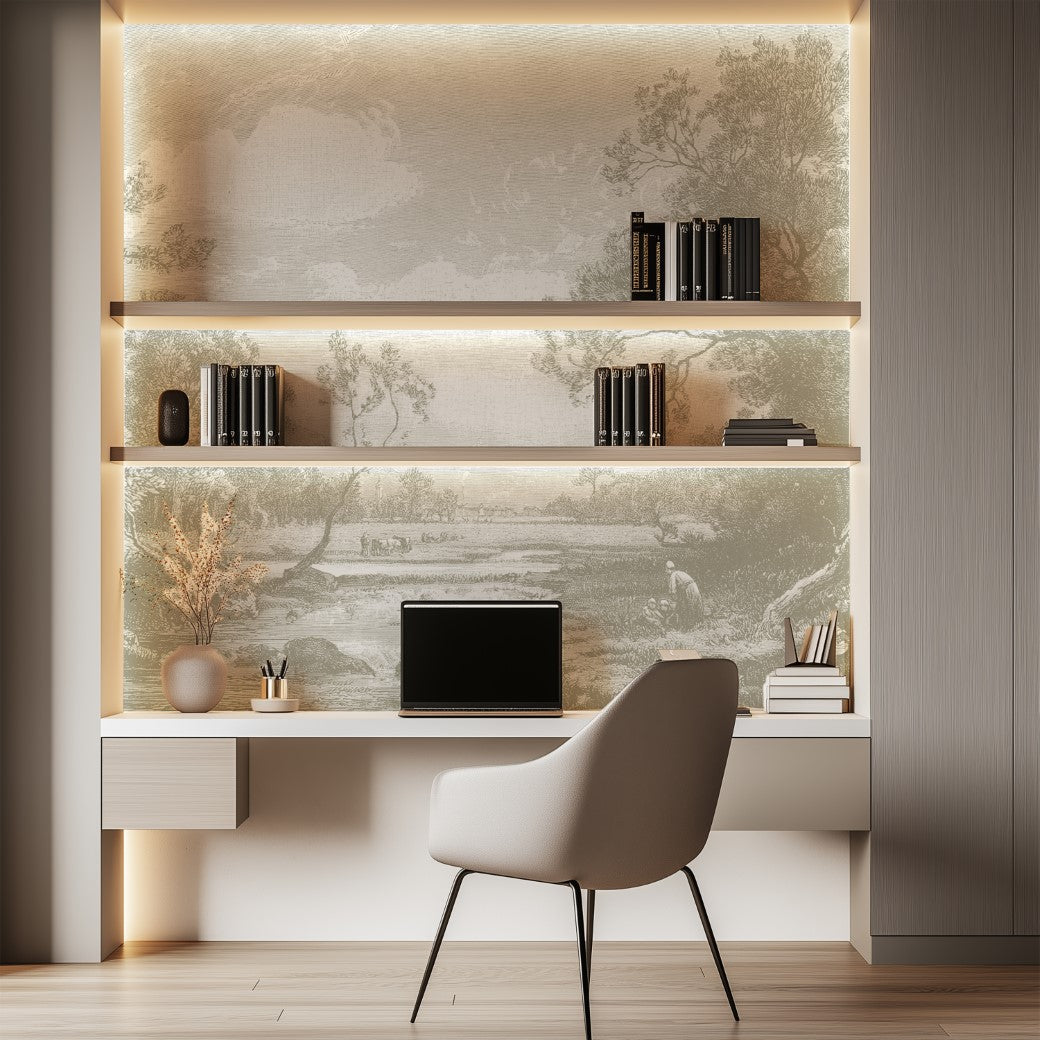 Home Office - A minimalist home office features a white desk, modern chair, and black laptop, with softly lit shelves for books and décor. The scene is set against Decor2Go's Tranquil Horizons Scenic Wallpaper Mural of trees and fields, while a vase of dried flowers sits calmly on the desk.