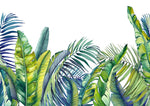 A vibrant watercolor illustration of a variety of tropical leaves, including banana leaves and palm tree leaves, in shades of green and blue, overlapping each other with a white background from Decor2Go Wallpaper Mural's Tropical Blue Tropical Bloom Wallpaper Mural.