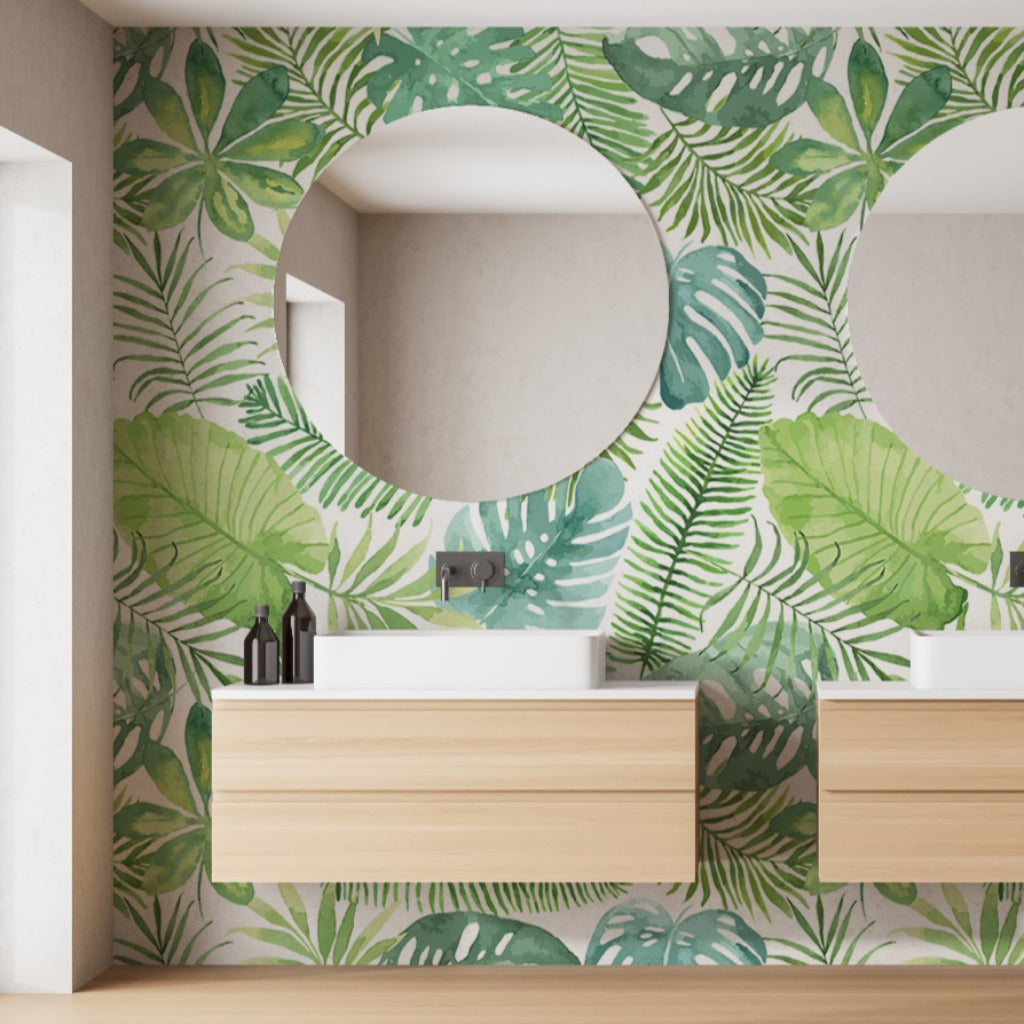 Green tropical leaves pattern wallpaper mural. Seamless floral leaves wallpaper murals in the bathroom
