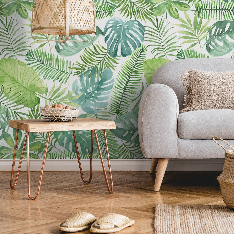 Living Room - Green tropical leaves pattern wallpaper mural. Seamless floral leaves wallpaper murals in the living room