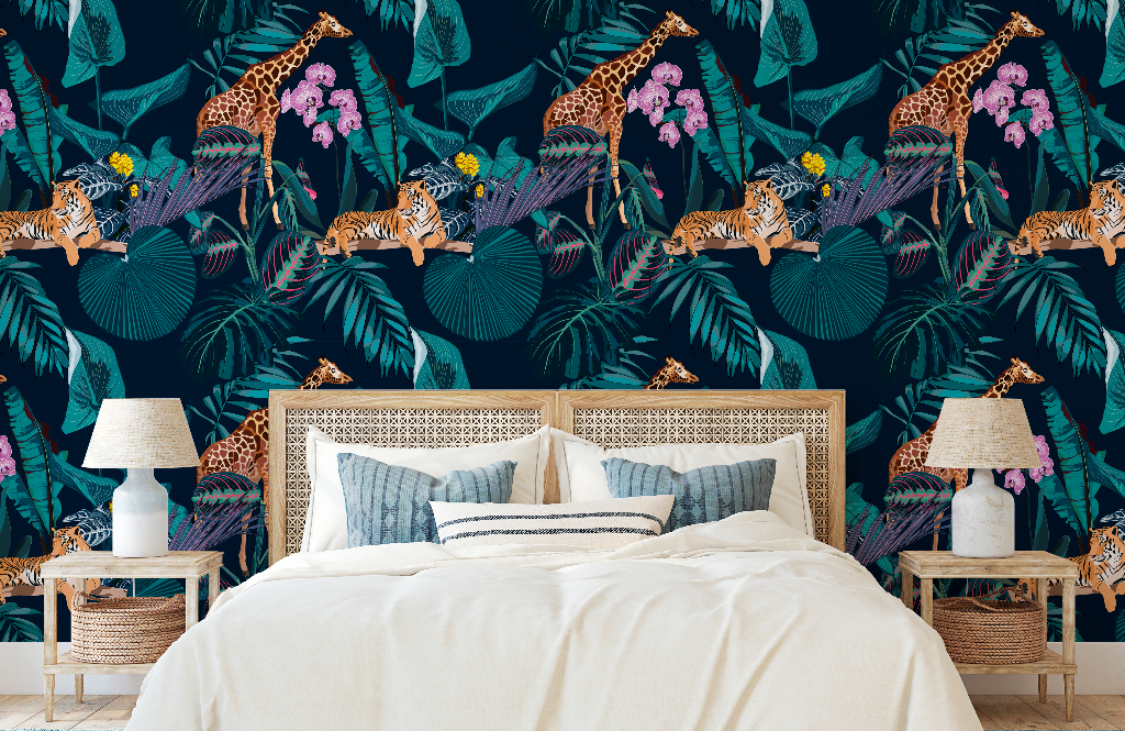 A stylish bedroom featuring a large bed with white and striped blue bedding, flanked by two wicker nightstands with white lamps, against a feature wall depicting an Tropical Night Wallpaper Mural with giraffes from Decor2Go Wallpaper Mural.
