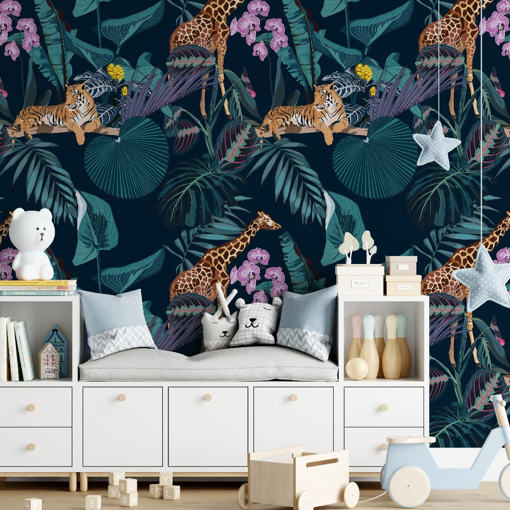 A colorful children's room with a Decor2Go Wallpaper Mural featuring leopards and giraffes. White furniture holds toys and books, and a wooden scooter is on the floor.