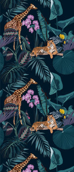 A vertical pattern featuring two giraffes and two tigers among lush tropical foliage with vibrant flowers on a dark blue background, designed as an exotic paradise wallpaper. The animals are depicted in a realistic style, like the Tropical Night Wallpaper Mural from Decor2Go Wallpaper Mural.