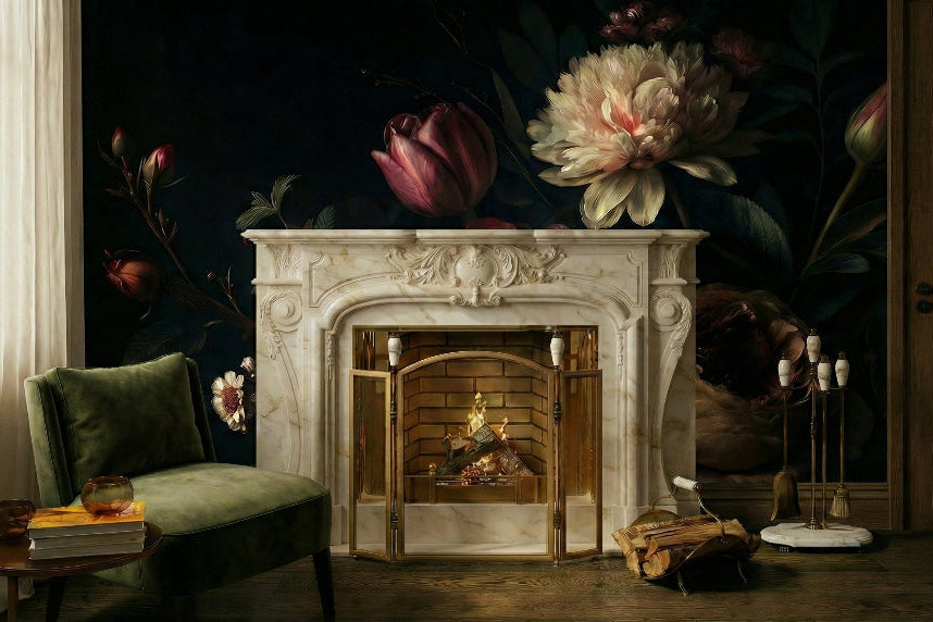 Living Room - Decorative fireplace with floral mural and candlelit scene