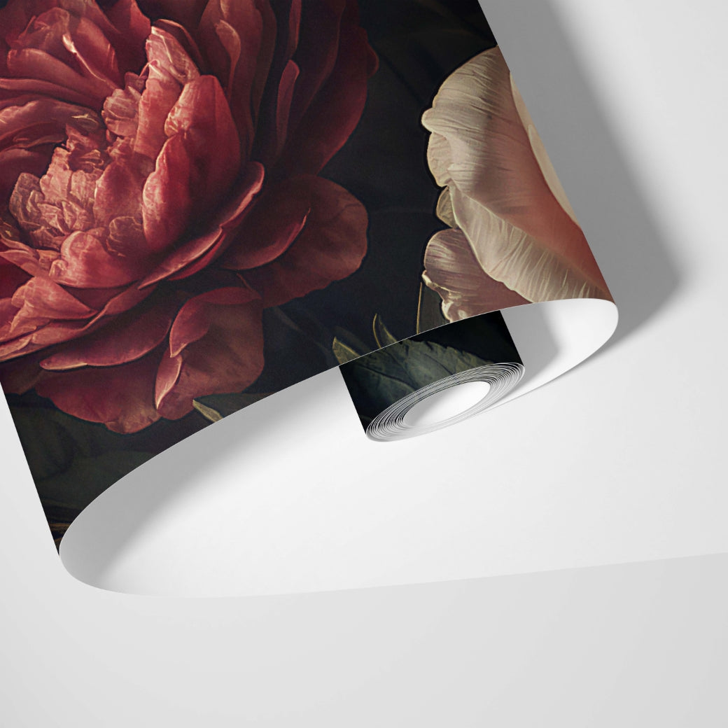 Roll of wallpaper with a floral design on a white background