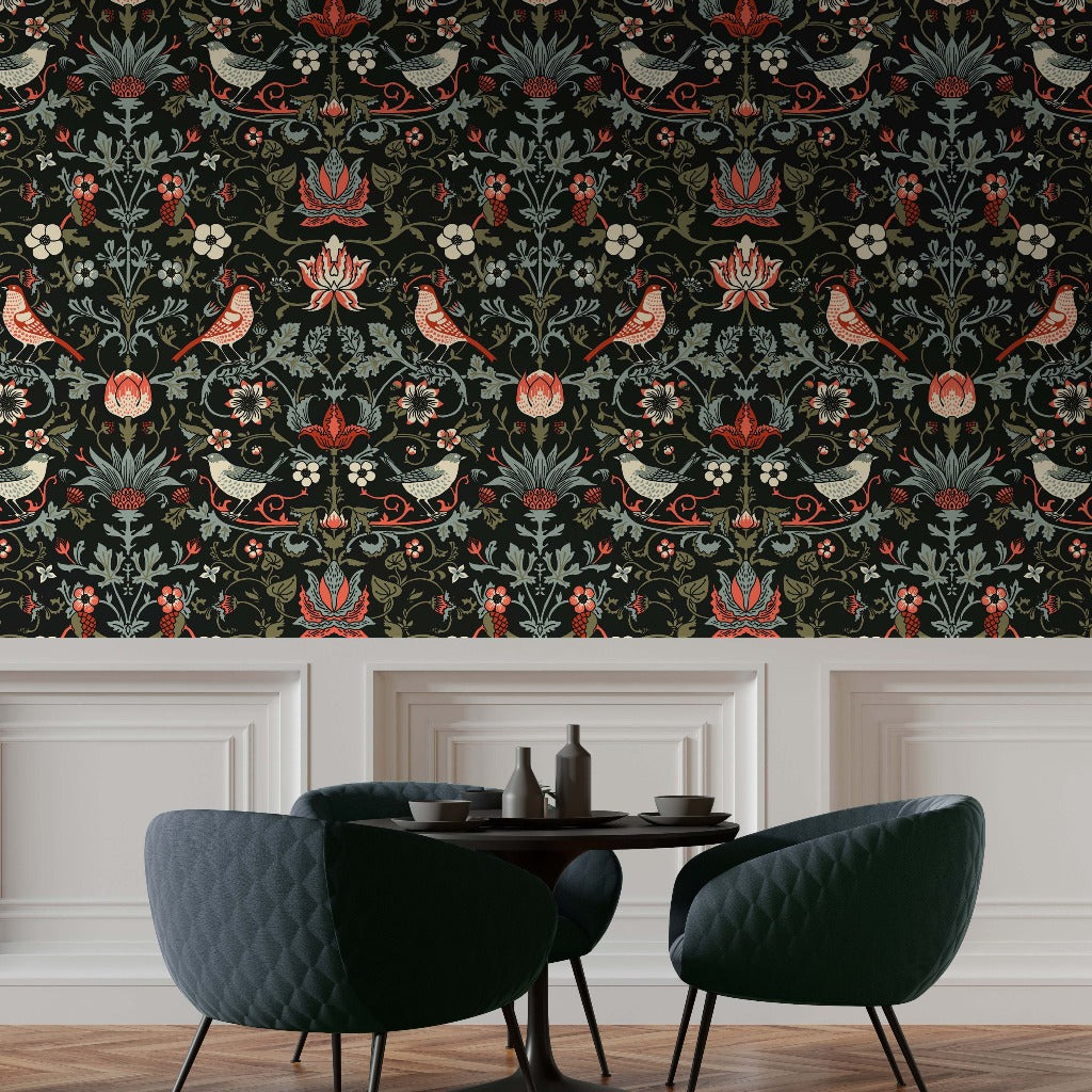 Two dark green armchairs and a small round table set against a wall with intricate Decor2Go Wallpaper Mural in a stylish dining room.