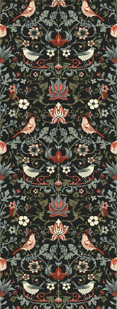 An ornate floral and bird pattern with symmetry, featuring intricate designs of Victorian flowers, leaves, and birds in red, white, and green on a dark background is captured in the Victorian Times Wallpaper Mural by Decor2Go Wallpaper Mural.