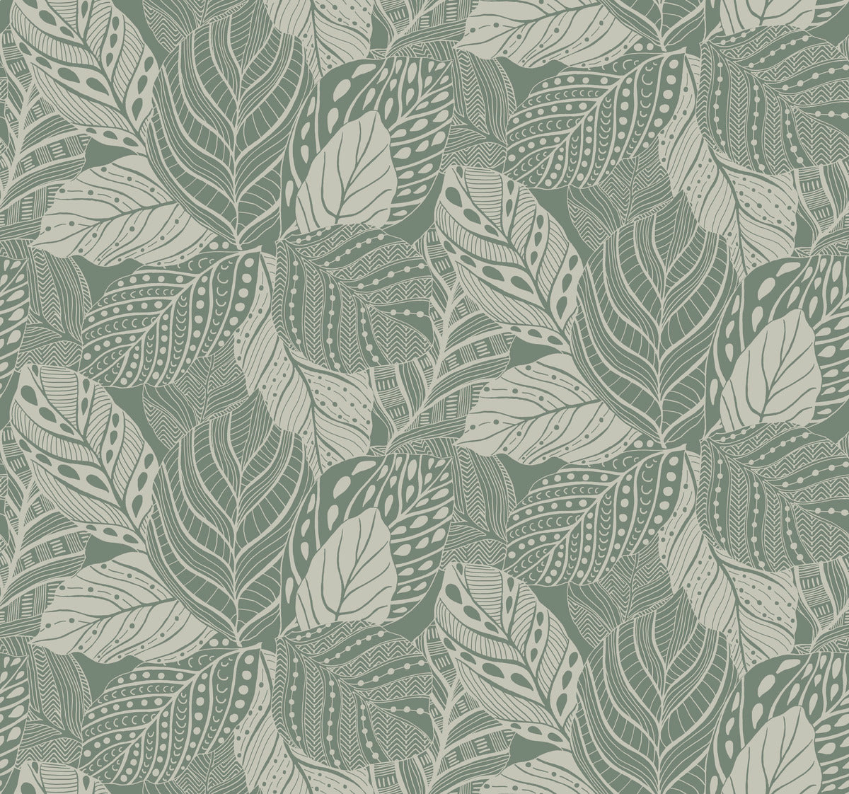 A seamless Vinca Eucalyptus Wallpaper Green (60 Sq.Ft.) by York Wallcoverings featuring detailed, stylized leaves in white and shades of green, with intricate dotted and lined textures on each leaf.