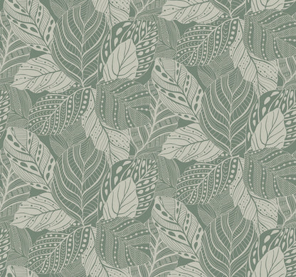 A seamless Vinca Eucalyptus Wallpaper Green (60 Sq.Ft.) by York Wallcoverings featuring detailed, stylized leaves in white and shades of green, with intricate dotted and lined textures on each leaf.