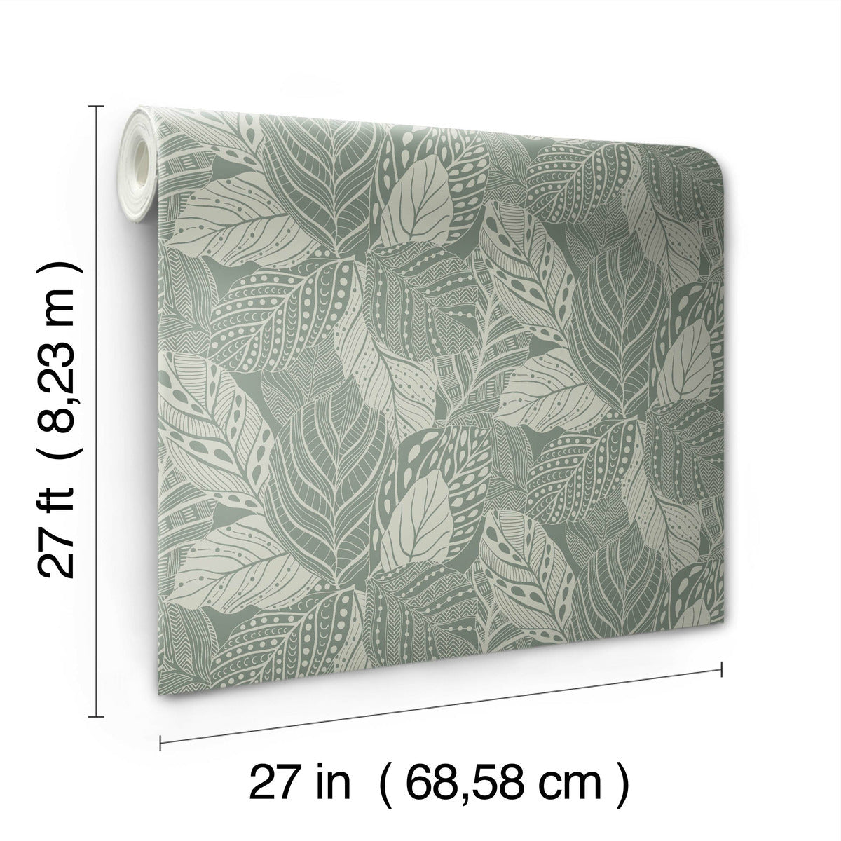 A York Wallcoverings Vinca Glint Wallpaper Metallic (60 Sq.Ft.) roll featuring a green leafy pattern in a textural canopy of vines. The roll is partially unrolled, showcasing the design. Made from durable non-woven material, dimensions are 27 inches wide and 27 feet long, equivalent to 68.58 cm and 8.23 meters.
