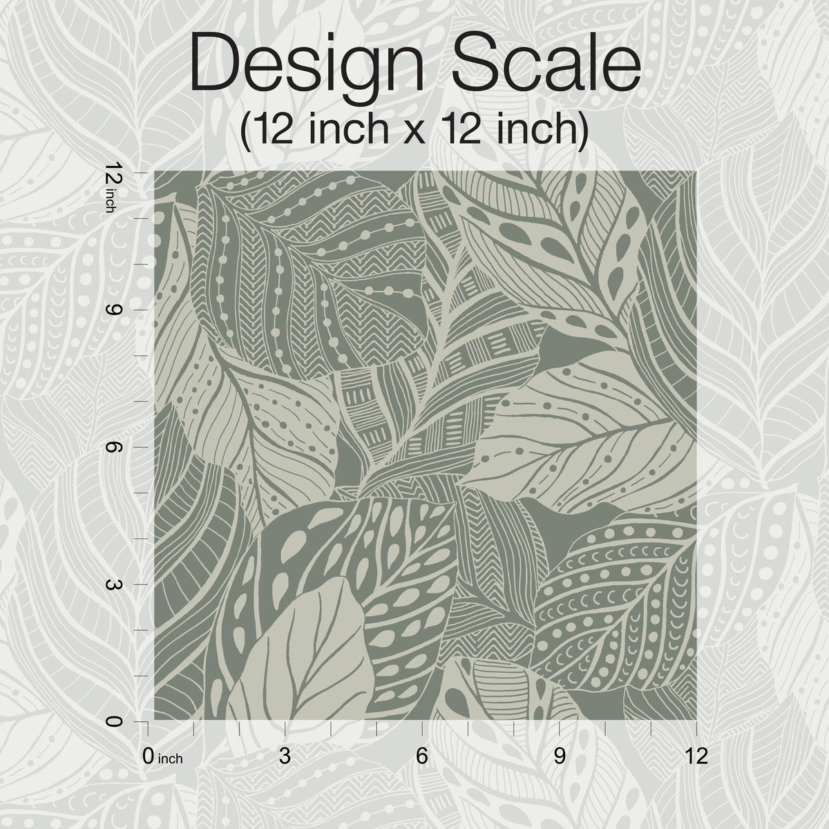 Illustration of a 12x12 inch square with Vinca Eucalyptus Wallpaper Green (60 Sq.Ft.) by York Wallcoverings, marked by a ruler on the sides for scale, set against a lighter patterned background.