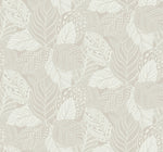 Elegant botanical removable wallpaper featuring Vinca Eucalyptus Wallpaper Green (60 Sq.Ft.) from York Wallcoverings, showcasing an intricate array of beige leaves with detailed line art and dot decorations against a light background.