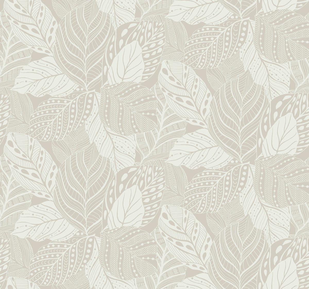 Elegant botanical removable wallpaper featuring Vinca Eucalyptus Wallpaper Green (60 Sq.Ft.) from York Wallcoverings, showcasing an intricate array of beige leaves with detailed line art and dot decorations against a light background.