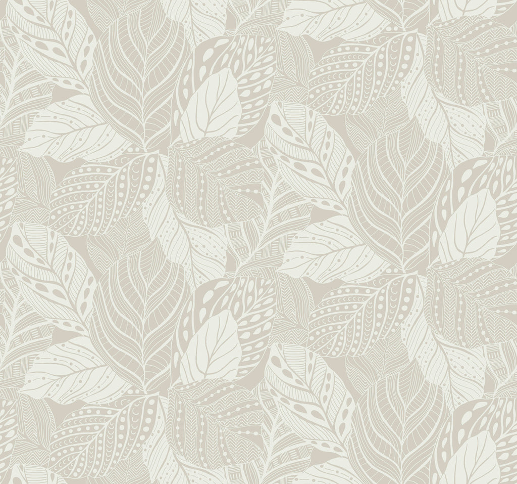 Elegant botanical removable wallpaper featuring Vinca Eucalyptus Wallpaper Green (60 Sq.Ft.) from York Wallcoverings, showcasing an intricate array of beige leaves with detailed line art and dot decorations against a light background.