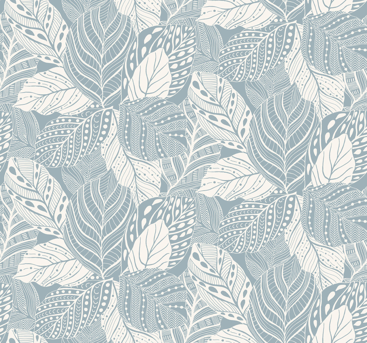 A detailed seamless pattern featuring intricate, stylized leaves in white outlined on a soft blue background, showcasing a variety of decorative elements within each leaf. This Vinca Eucalyptus Wallpaper Green (60 Sq.Ft.) by York Wallcoverings is easy to hang and remove.