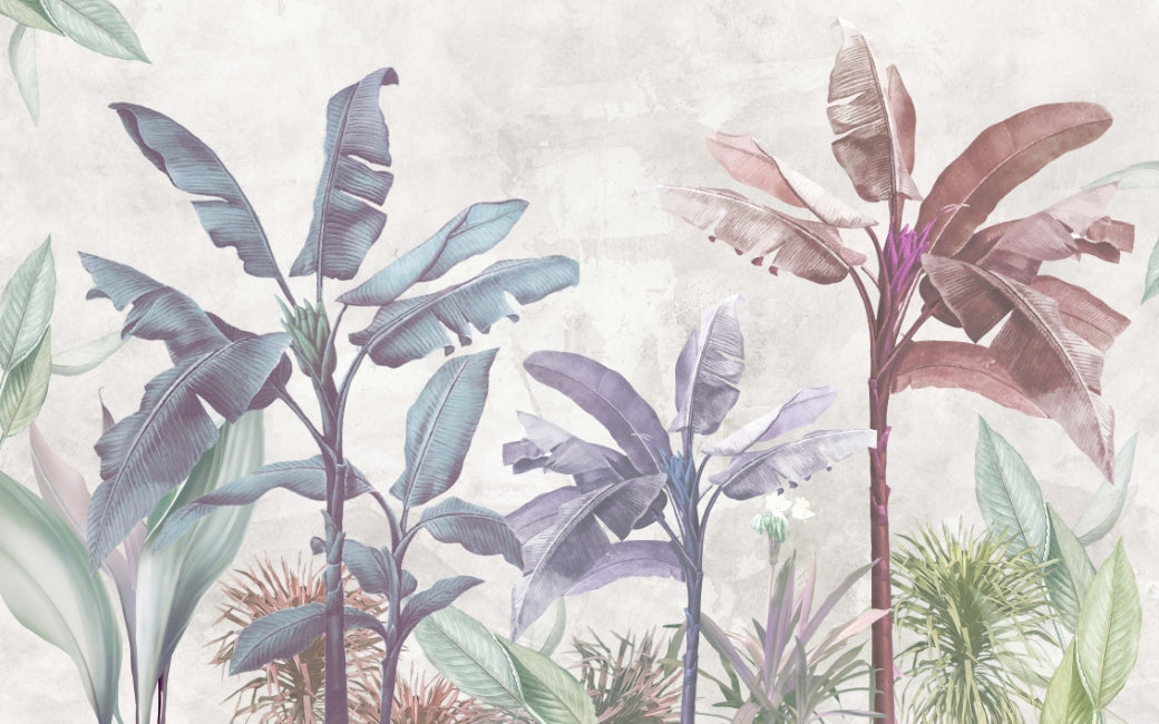 Illustration of tropical plants with a pastel color palette on a light background