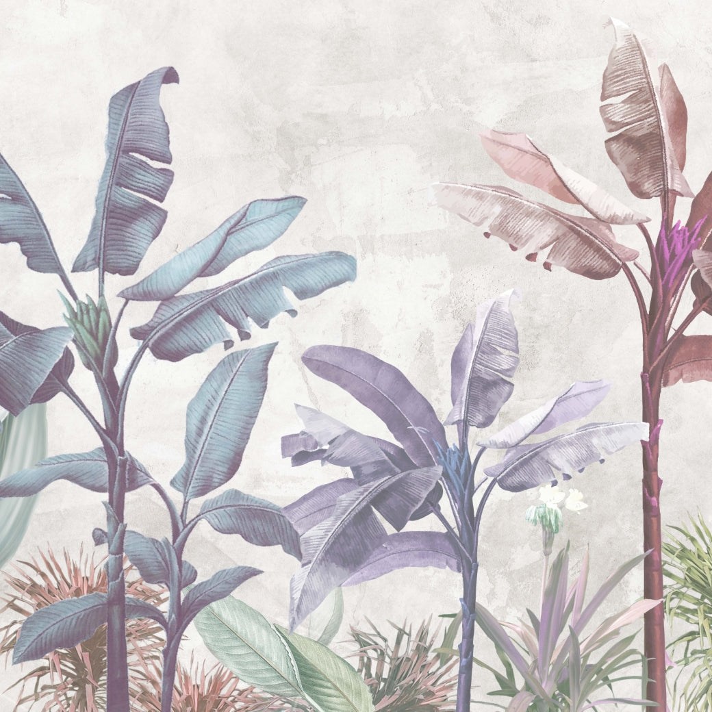 Tropical plant wallpaper with purple and pink leaves on a light background