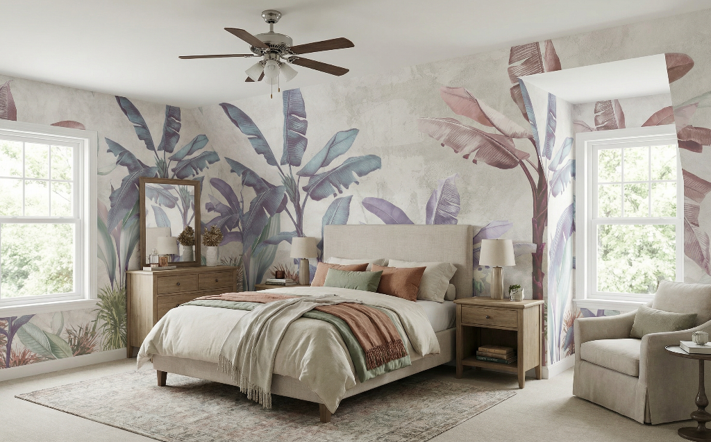 Bedroom - Neatly decorated bedroom with floral wall paper, bed, and furniture.