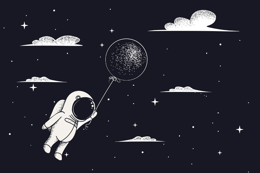 An astronaut floats in space, holding a glittery balloon amidst stars and clouds, depicted in a whimsical, monochrome style that mirrors a Decor2Go Wallpaper Mural.