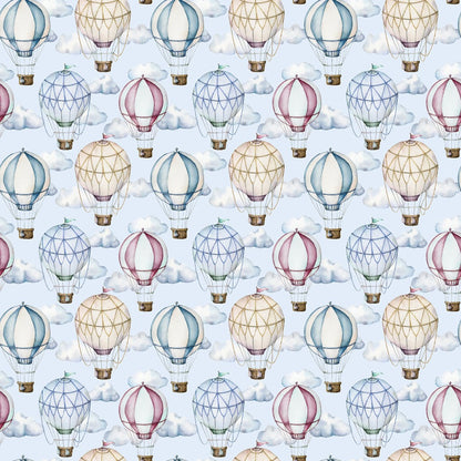 Pattern of Watercolor Hot-Air Balloons Wallpaper Mural featuring watercolor-style balloons in various shades of pink, blue, and white, floating against a cloudy sky background suitable for nursery wall decor by Decor2Go Wallpaper Mural.