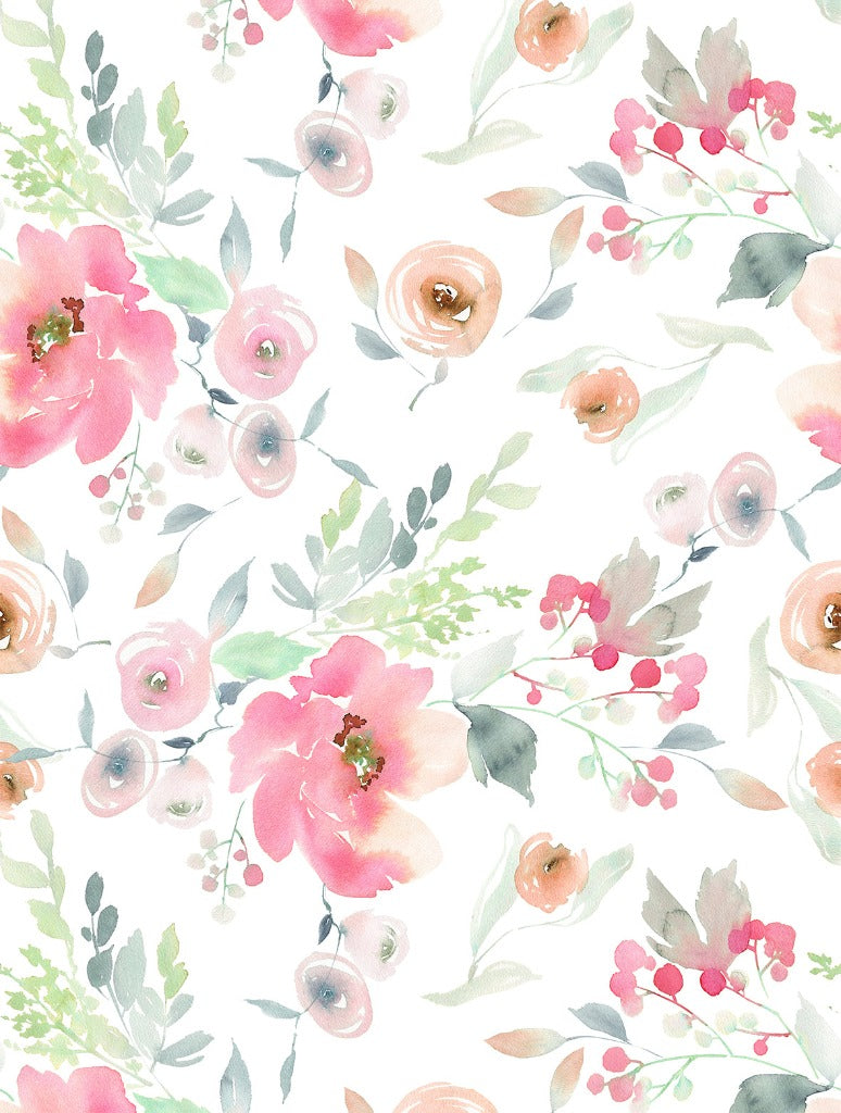 Watercolor floral wallpaper featuring pink and peach flowers, green leaves, and scattered berries on a white background, like the Watercolor Pink Flowers Wallpaper Mural from Decor2Go Wallpaper Mural.