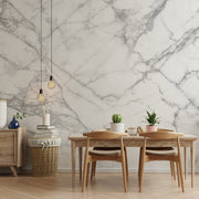 Dining Room - A modern dining room with a Decor2Go Wallpaper Mural backdrop, featuring a wooden table with chairs, pendant lights, and assorted plants and decorative items on the table and a side console.