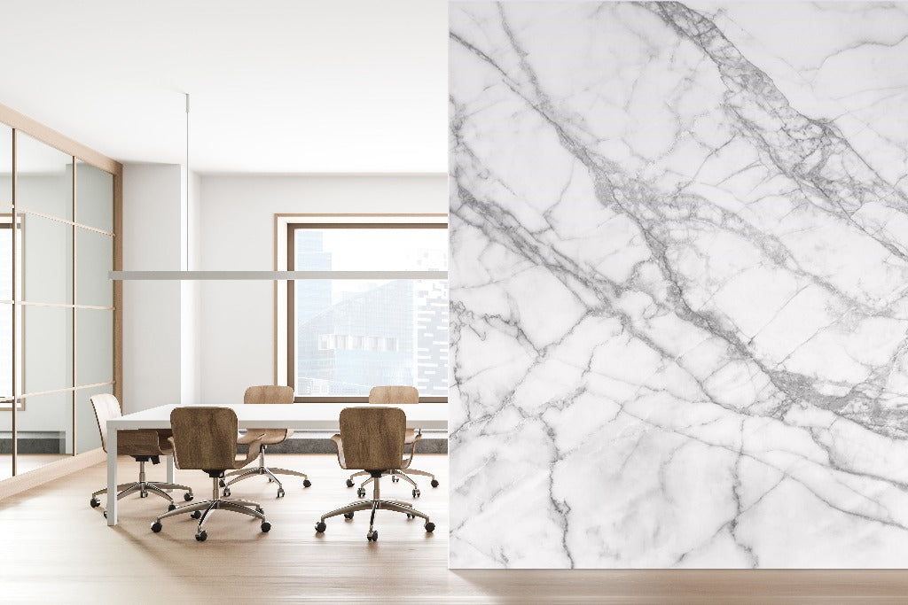 White and black marble wallpaper mural in the modern office. Faux marble wallpaper for the office