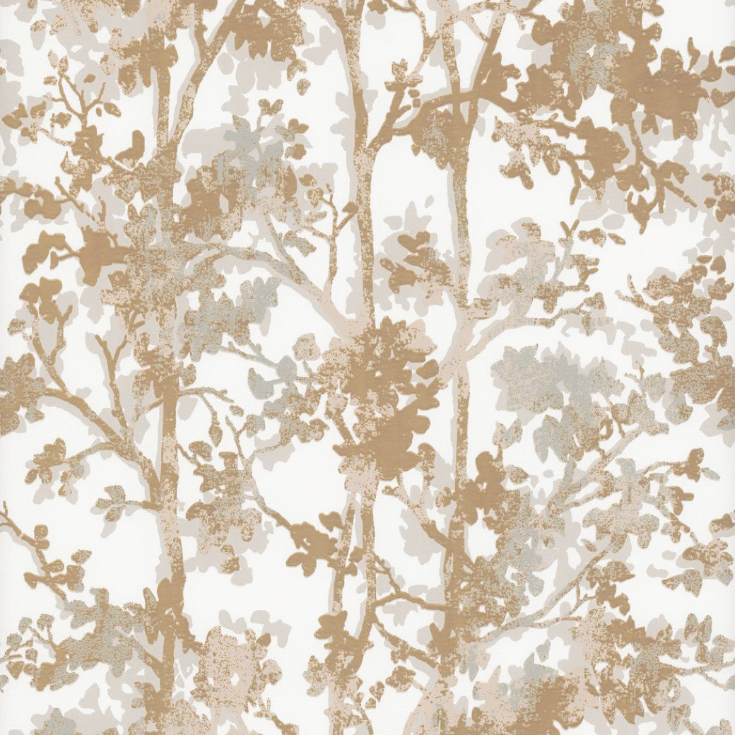 The White & Gold Shimmering Foliage Wallpaper by York Wallcoverings features a textured, nature-inspired design with leafy branches in beige, tan, and light gray on a white background, evoking elegance across 57 square feet.