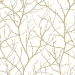 The White & Gold Trees Silhouette Wallpaper by York Wallcoverings features tree branch silhouettes on a light background for a minimalist, organic design, offering natural symmetry and texture that blend seamlessly into the Modern Metals Collection for a strikingly balanced aesthetic.