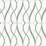 Product Description: The York Wallcoverings White & Silver Graceful Geo Wallpaper features an elegant, romantic geometric design with interlocking curves and diamond shapes in gray on off-white, enhanced by a luminous metallic finish.