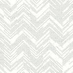 The White & Silver Polished Chevron Wallpaper by York Wallcoverings features a black and white geometric chevron zigzag design on a white background, with thin lines creating a minimalist look reminiscent of their Modern Metals Collection.