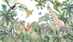 A vibrant jungle scene with a variety of animals including a giraffe, elephant, zebra, lions, lemurs, and birds like toucans and parrots, surrounded by lush green foliage and Wild Animals and the Jungle Watercolor Mural Wallpaper by Decor2Go Wallpaper Mural.