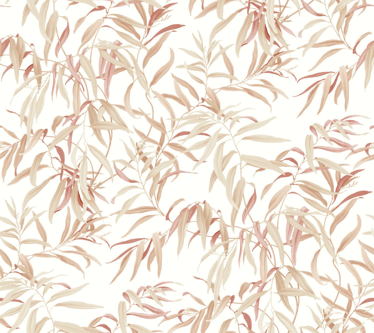 A seamless pattern featuring delicate, hand-drawn leaves in shades of beige, light brown, and soft pink against a white background. This York Wallcoverings Willow Grove Clay Wallpaper Pink (60 Sq.Ft.) creates a gentle, natural aesthetic suitable for a botanical retreat or fabric designs.