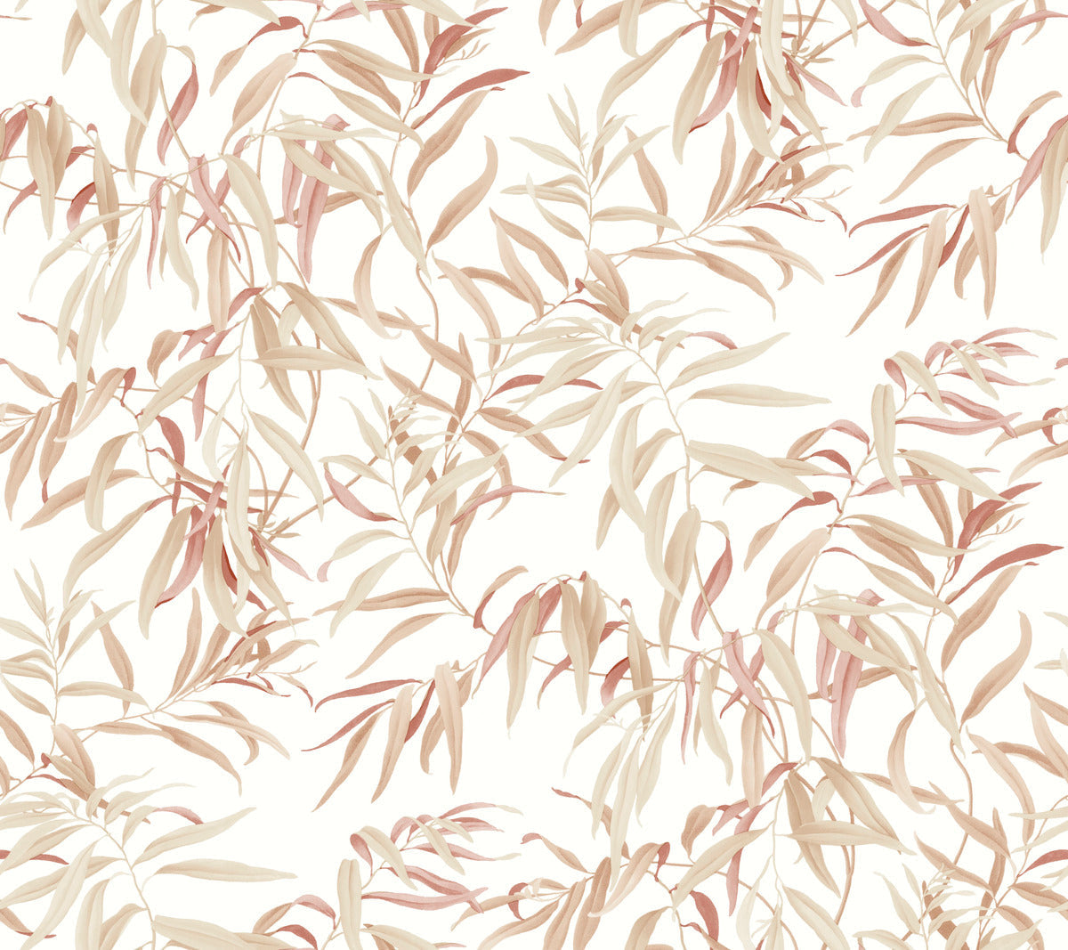 A seamless pattern featuring soft, overlapping leaves in pastel shades of beige, pink, and cream on a white background. The delicate foliage creates an elegant and intricate botanical design, showcasing natural elegance—perfect for York Wallcoverings Willow Grove Sand Wallpaper Beige, Grey (60 Sq.Ft.) or textiles.