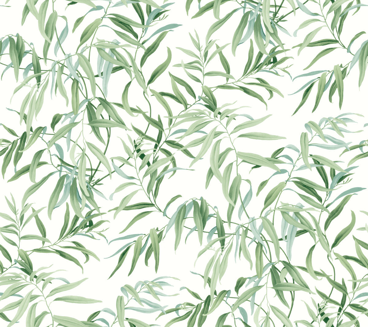 A seamless pattern featuring delicate, overlapping green leaves on slender branches against a white background. With the look of Willow Grove Sky Wallpaper Blue (60 Sq.Ft.) by York Wallcoverings, the design has a natural and airy feel, with varying shades of green to create depth and a sense of movement.