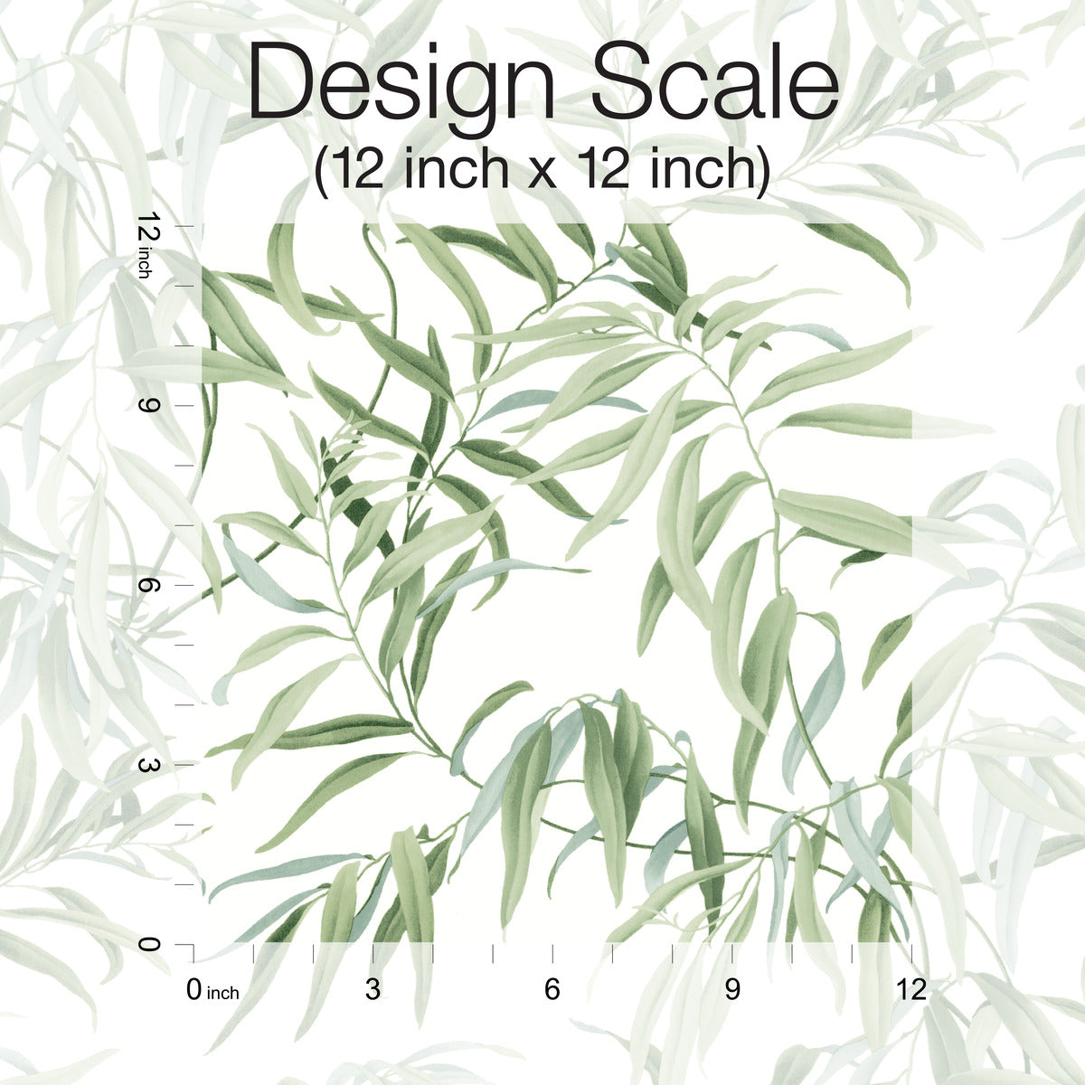 A design scale chart showcasing a 12 inch by 12 inch square adorned with a botanical pattern of green leafy branches on a white background. Perfect for planning your next botanical retreat with York Wallcoverings Willow Grove Clay Wallpaper Pink (60 Sq.Ft.), the scale clearly marks inches from 0 to 12 on both axes.