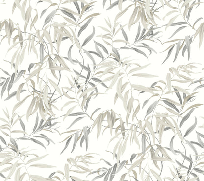 A seamless pattern featuring delicate leaves in muted tones of gray and beige, set against a white background. The foliage has a hand-painted appearance, creating a calm and natural aesthetic reminiscent of Willow Grove Clay Wallpaper Beige(60 Sq.Ft.) by York Wallcoverings, rendered on a high-performance substrate.