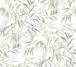 A seamless pattern of delicate, hand-drawn leaves in various shades of gray and beige on a white background. The design, printed on York Wallcoverings' Willow Grove Sand Wallpaper Beige, Grey (60 Sq.Ft.), is intricate and organic, creating a calming and elegant nature-inspired aesthetic.