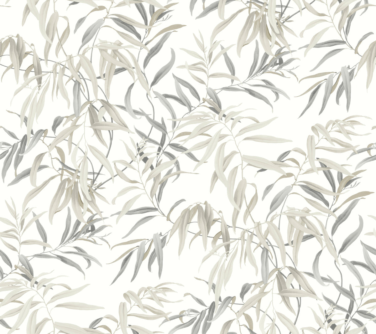 A seamless pattern of delicate, hand-drawn leaves in various shades of gray and beige on a white background. The design, printed on York Wallcoverings' Willow Grove Sand Wallpaper Beige, Grey (60 Sq.Ft.), is intricate and organic, creating a calming and elegant nature-inspired aesthetic.