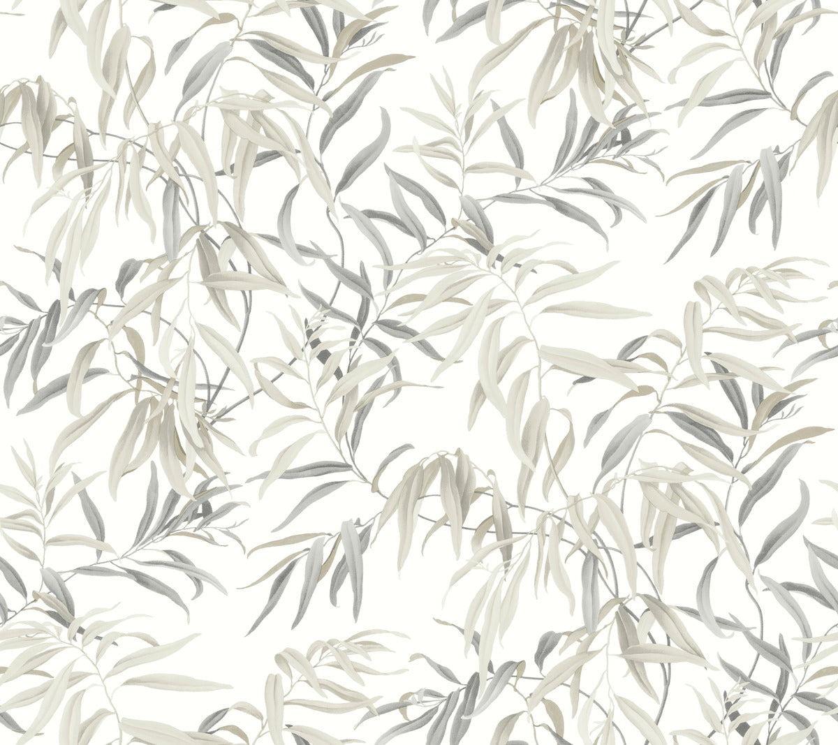A seamless pattern featuring delicate leafy branches in various shades of gray and beige against a white background. The design is organic and flowing, reminiscent of eucalyptus leaves, adding a subtle, elegant touch to your space with York Wallcoverings' Willow Grove Clay Wallpaper Pink (60 Sq.Ft.) for a perfect botanical retreat.