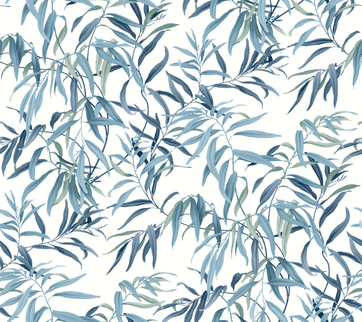 A seamless pattern featuring green and blue willow branches with elongated leaves, intricately intertwined and overlapping. The background is white, highlighting the delicate and detailed foliage design of the Willow Grove Sky Wallpaper Blue (60 Sq.Ft.) from York Wallcoverings.