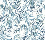 A seamless pattern featuring green and blue willow branches with elongated leaves, intricately intertwined and overlapping. The background is white, highlighting the delicate and detailed foliage design of the Willow Grove Sky Wallpaper Blue (60 Sq.Ft.) from York Wallcoverings.