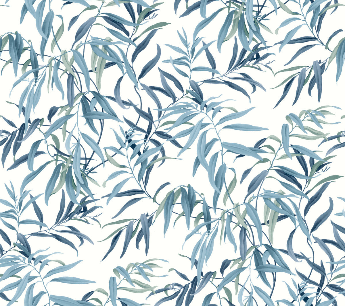 A seamless pattern of blue and green leaves on thin branches set against a white background. The leaves are delicately painted, giving a watercolor effect that creates a soothing, nature-inspired design—perfect for creating a botanical retreat with Willow Grove Clay Wallpaper Pink (60 Sq.Ft.) by York Wallcoverings.