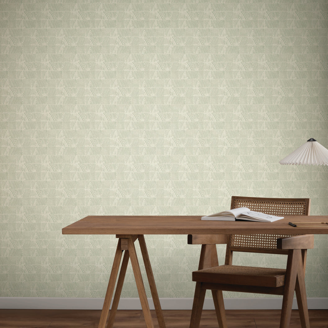 Woodcut Green & Stone Wallpaper (60 SqFt)